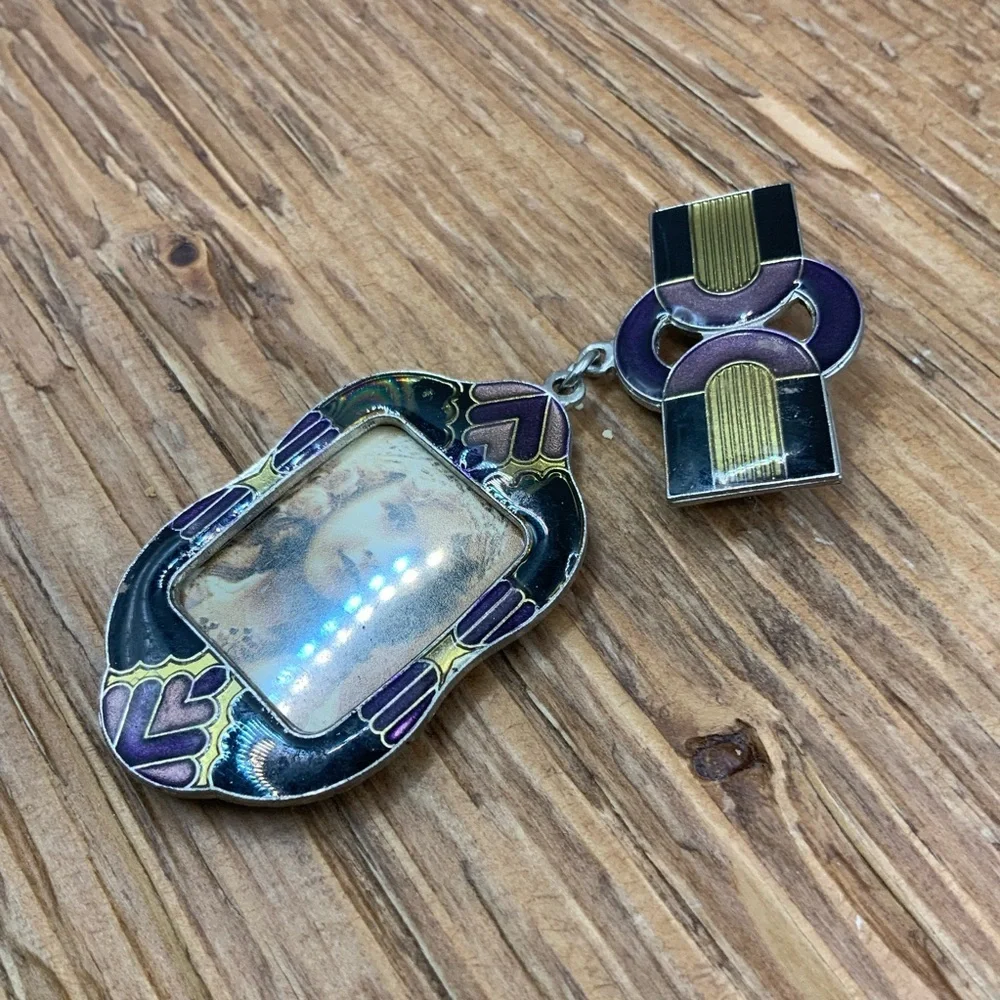 LMC Art Deco Revival Style Vintage Purple Black Gold Enamel Frame Brooch
